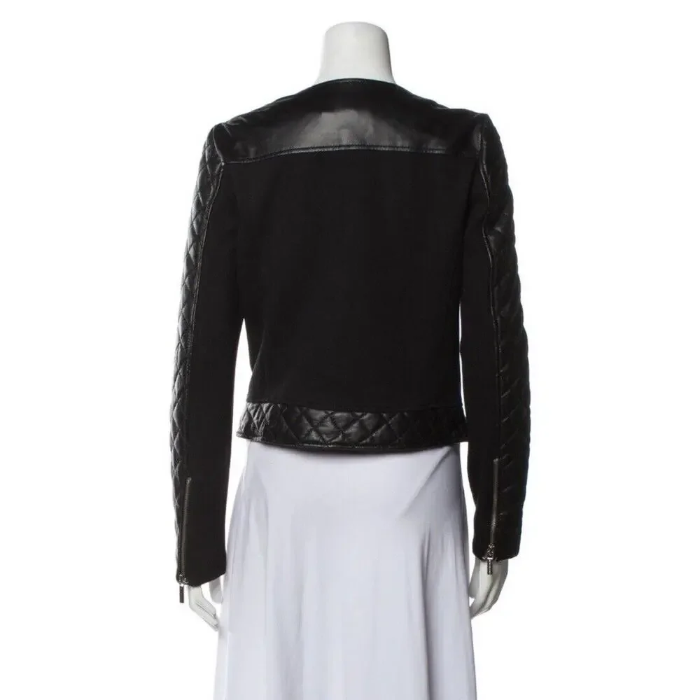 Michael Kors Lamb Leather Biker Jacket Small Black Zip Front Pockets Quilted - Picture 3 of 10